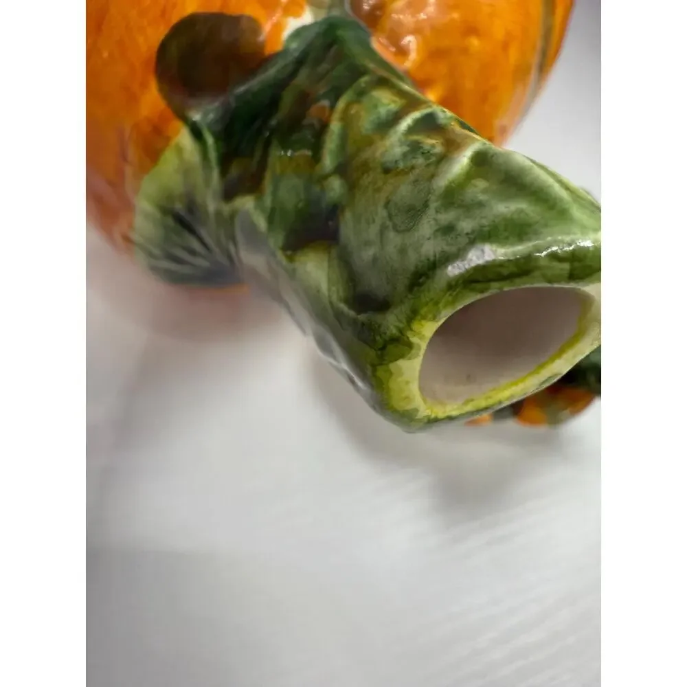 Hand Painted Ceramic Pumpkin Teapot, Vintage Fall Serveware, Orange Green